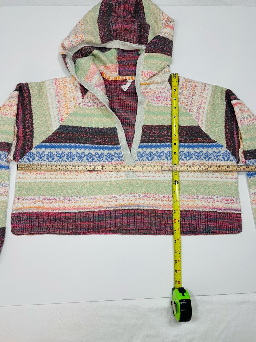 DAILY PRACTICE CROPPED HOODED SWEATER WOMEN’S MED FAIR ISLE STRIPE BOHO COASTAL - Picture 4 of 9